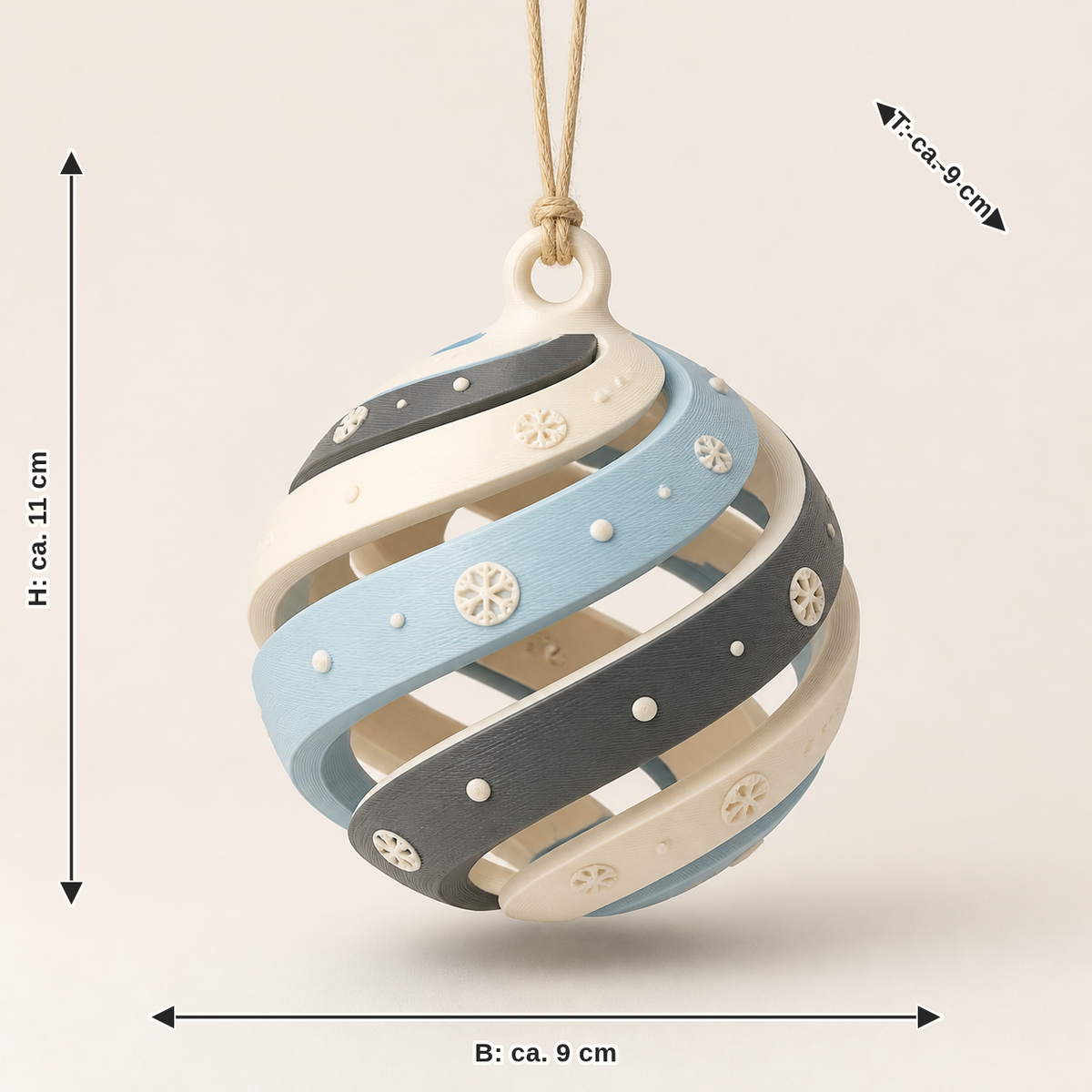Dimensional image for Christmas ornament Snow spiral: width about 9 cm, depth about 9 cm, height about 11 cm
