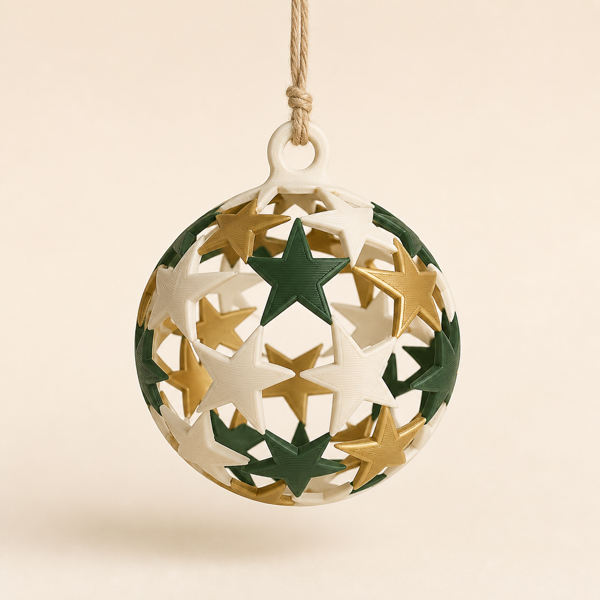 Christmas ornament star net from 3D-printed PETG in warm white, brass, fir green