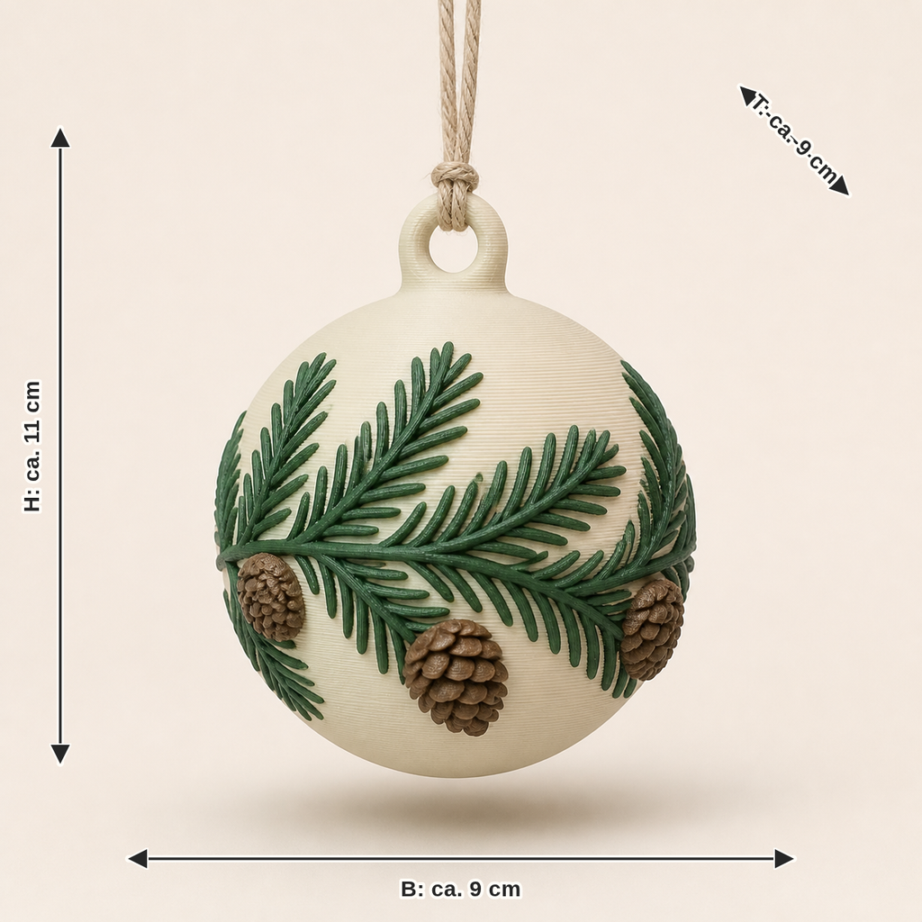 Maßbild für Christbaumkugel Tannenzweig: Breite ca. 9 cm, Tiefe ca. 9 cm, Höhe ca. 11 cm
