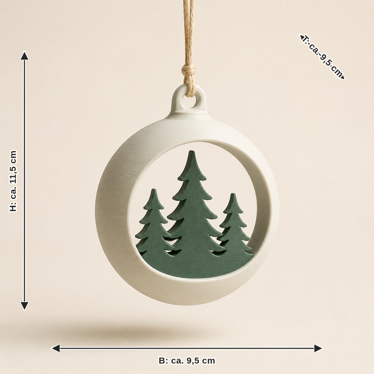 Dimensional image for Christmas ornament forest window: width about 9.5 cm, depth about 9.5 cm, height about 11.5 cm