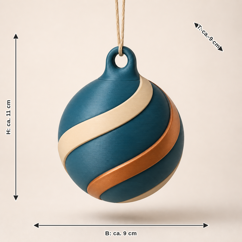 Maßbild für Christbaumkugel Wellenlicht: Breite ca. 9 cm, Tiefe ca. 9 cm, Höhe ca. 11 cm