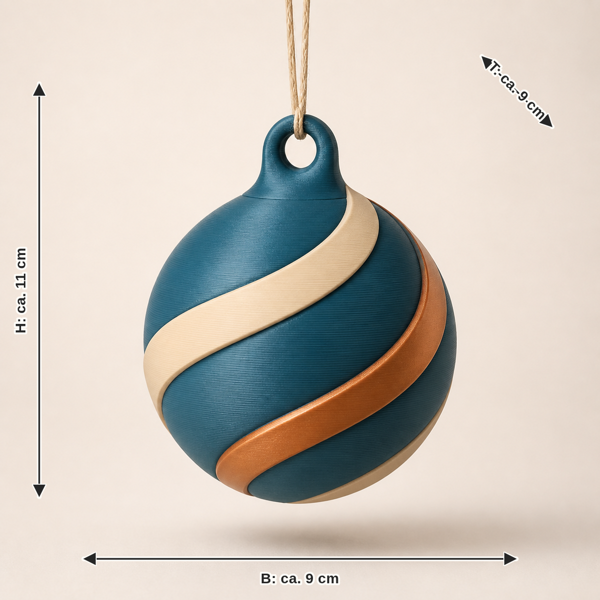 Maßbild für Christbaumkugel Wellenlicht: Breite ca. 9 cm, Tiefe ca. 9 cm, Höhe ca. 11 cm
