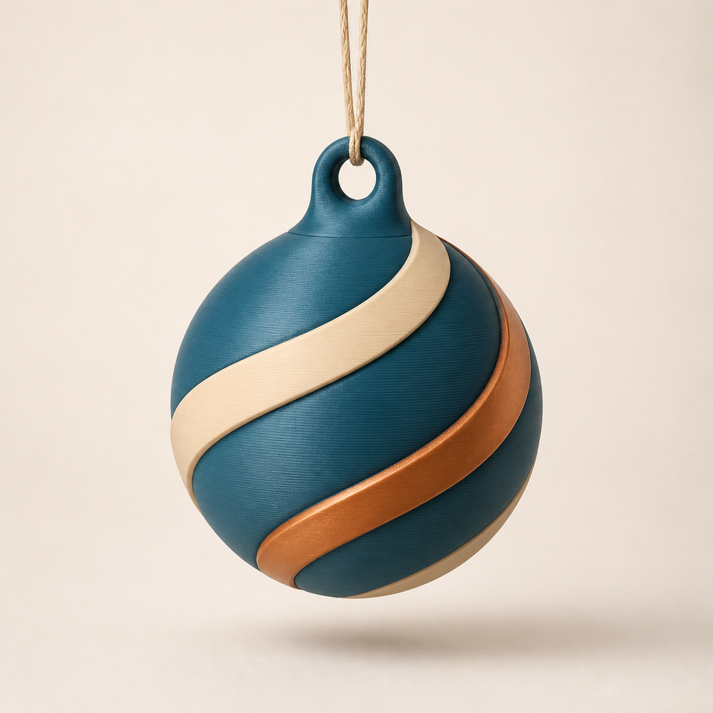 Christbaumkugel Wellenlicht aus 3D-gedrucktem PETG in Petrol, Creme, Kupfer