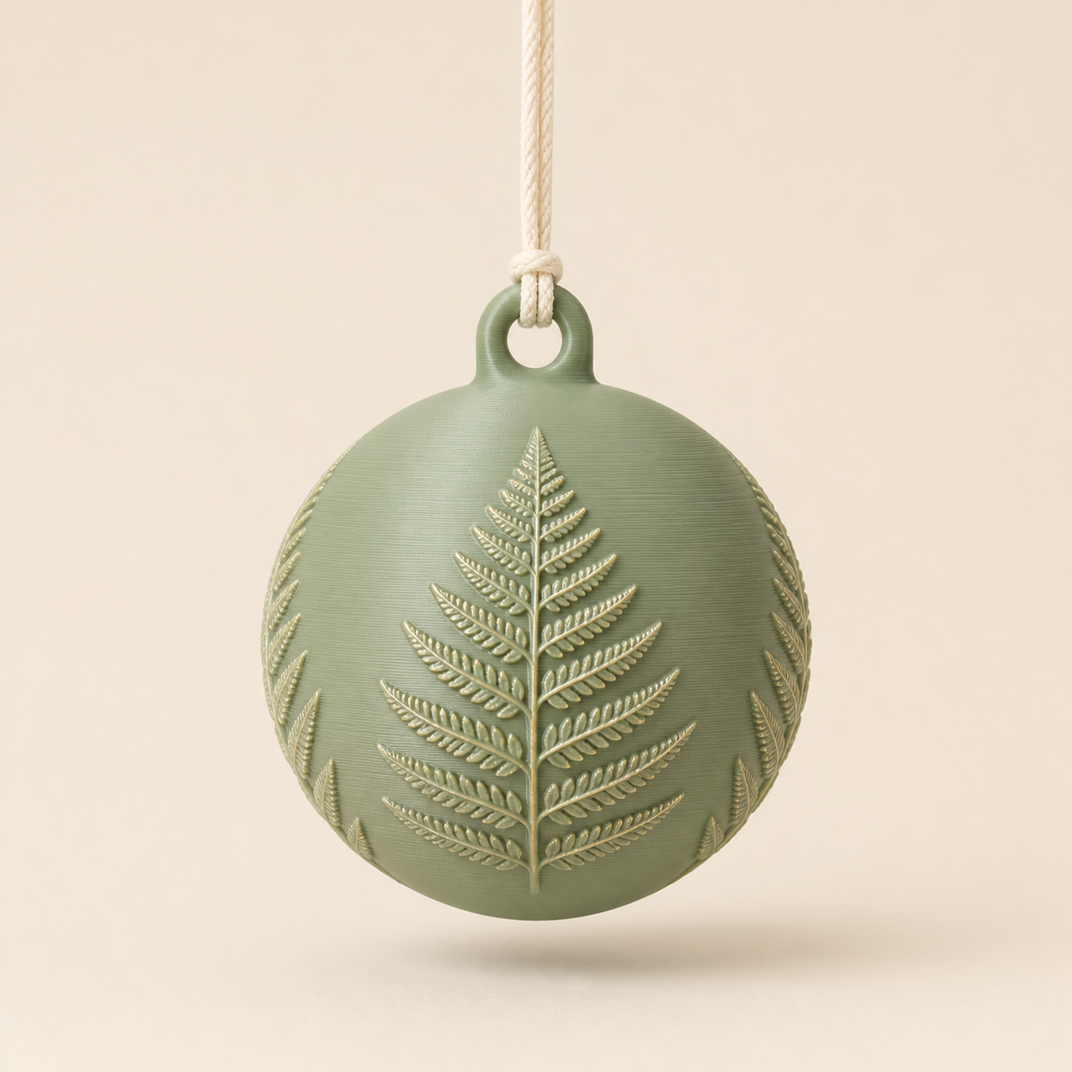 Christbaumkugel Winterfarn aus 3D-gedrucktem PETG in Salbeigrün, Creme, Messing