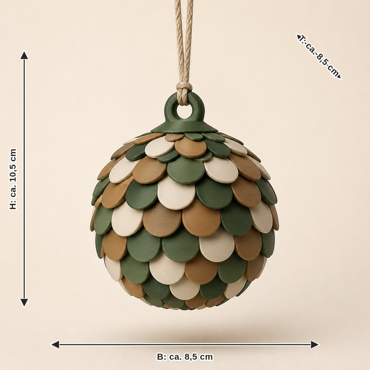 Maßbild für Christbaumkugel Zapfenrelief: Breite ca. 8.5 cm, Tiefe ca. 8.5 cm, Höhe ca. 10.5 cm