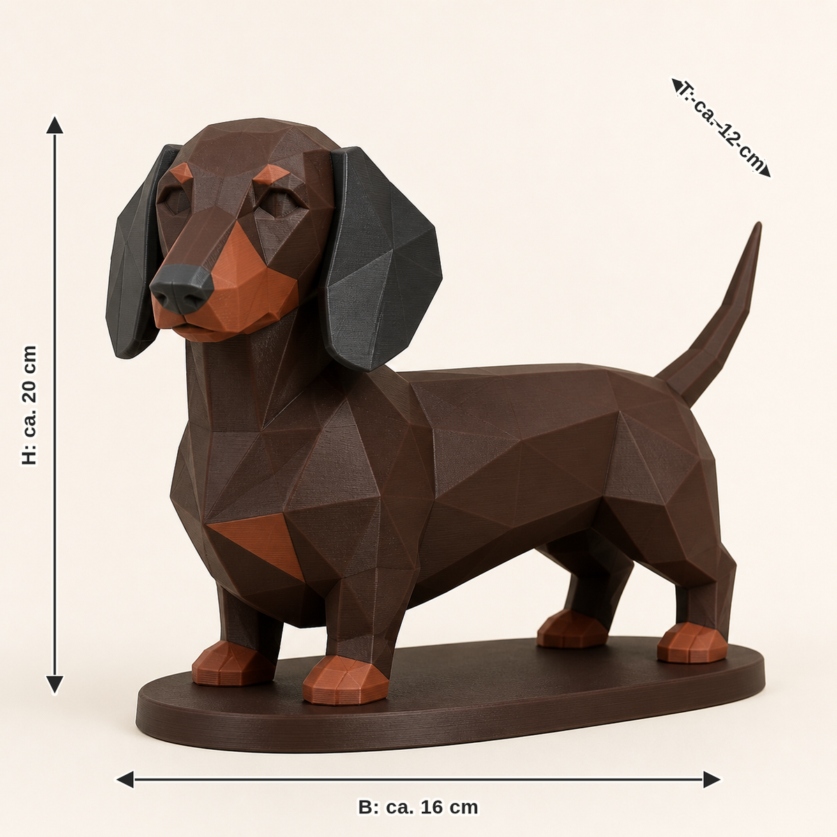 Maßbild für Dackel-Low-Poly-Skulptur Facettenfigur: Breite ca. 16 cm, Tiefe ca. 12 cm, Höhe ca. 20 cm