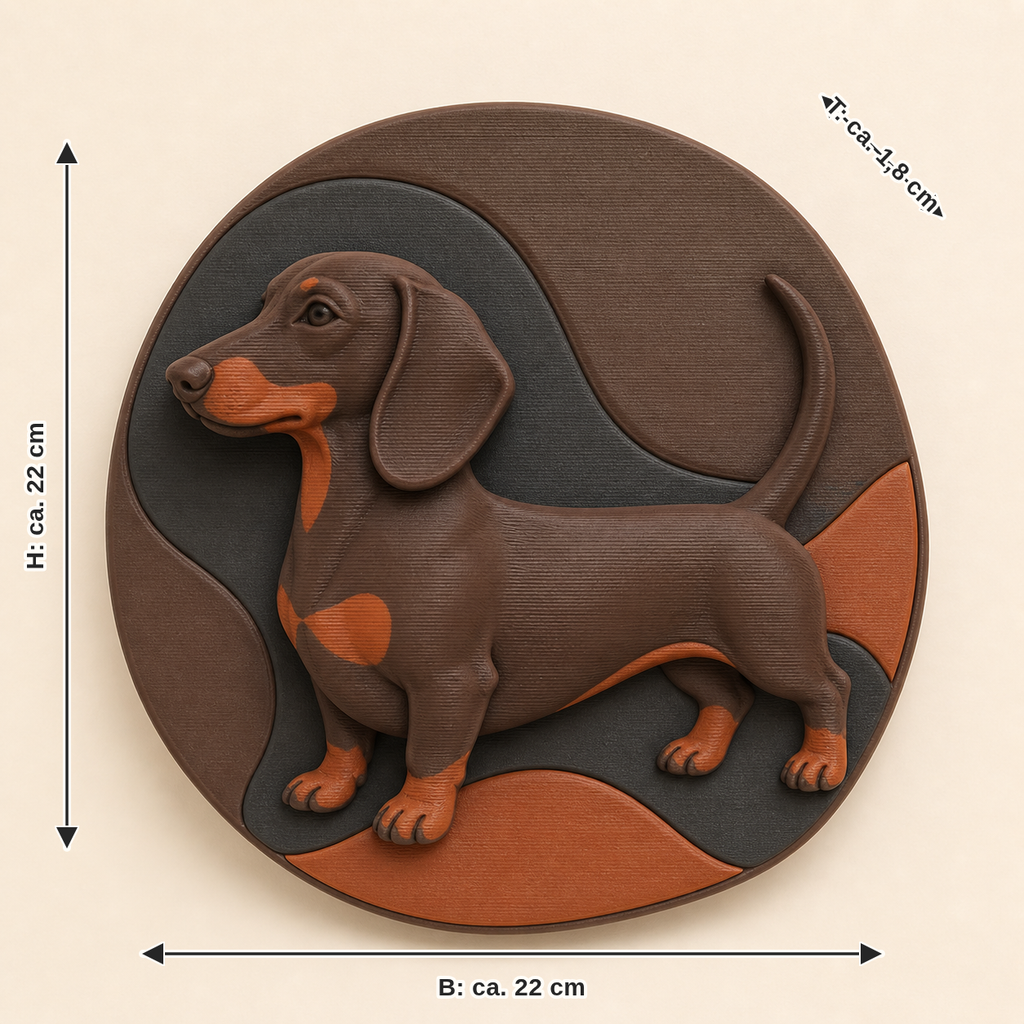 Maßbild für Dackel-Wandrelief Tierporträt: Breite ca. 22 cm, Tiefe ca. 1.8 cm, Höhe ca. 22 cm