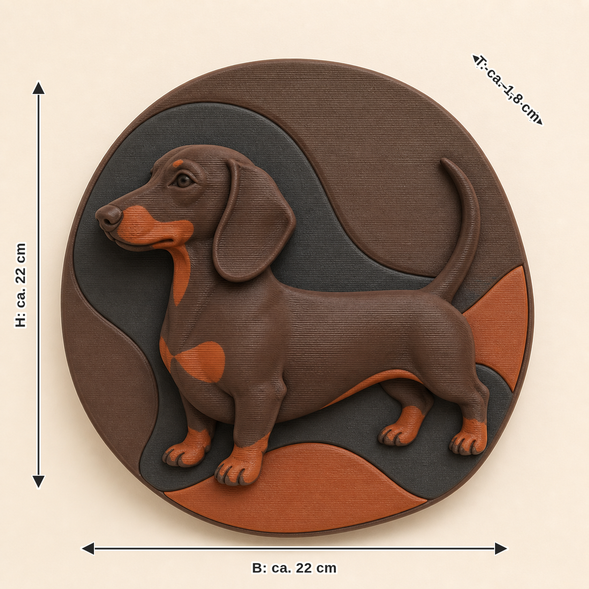 Maßbild für Dackel-Wandrelief Tierporträt: Breite ca. 22 cm, Tiefe ca. 1.8 cm, Höhe ca. 22 cm