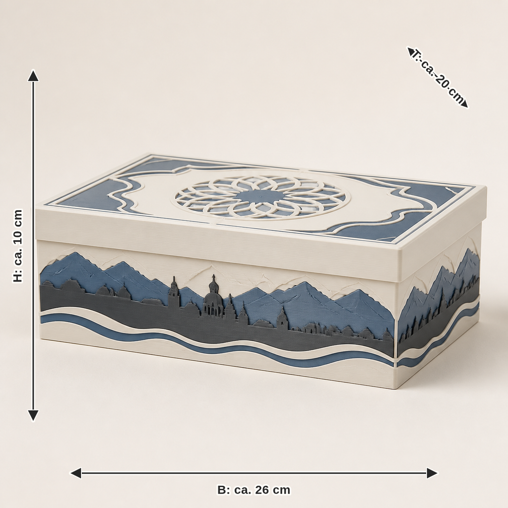 Dimensional image for the lid box Alpenpanorama – Salzburg: width approx. 26 cm, depth approx. 20 cm, height approx. 10 cm