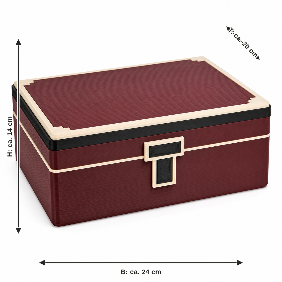 Dimensional image for lid box Bordeaux closure: width approx. 24 cm, depth approx. 20 cm, height approx. 14 cm