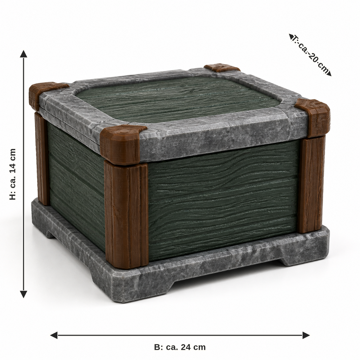 Dimensional image for lid box in stone and wood look: width approx. 24 cm, depth approx. 20 cm, height approx. 14 cm