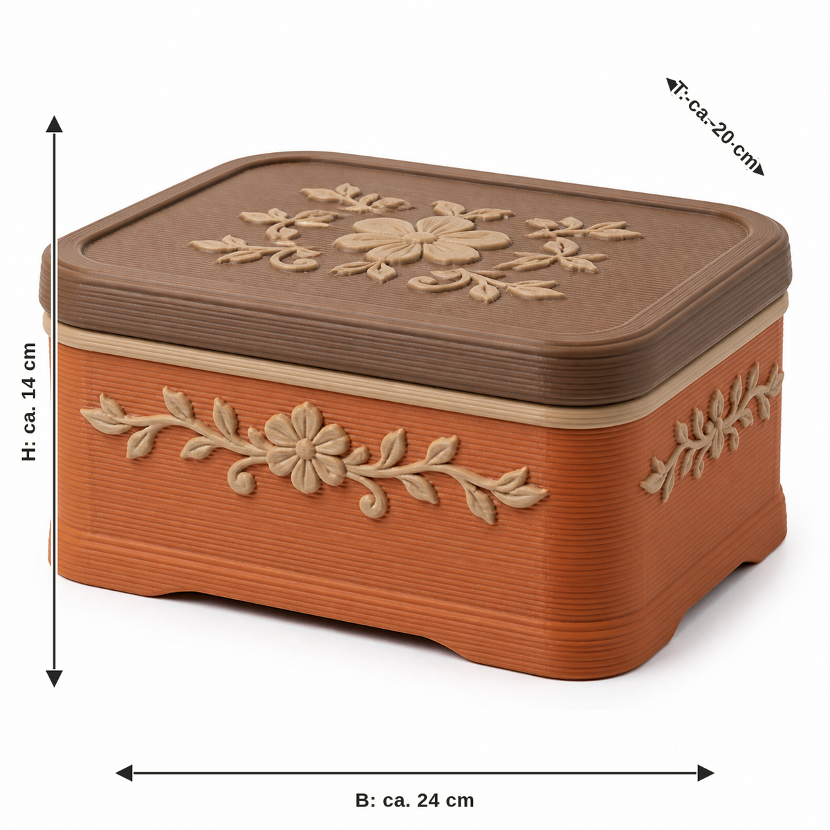 Dimensional image for lid box with floral shelf: width approx. 24 cm, depth approx. 20 cm, height approx. 14 cm