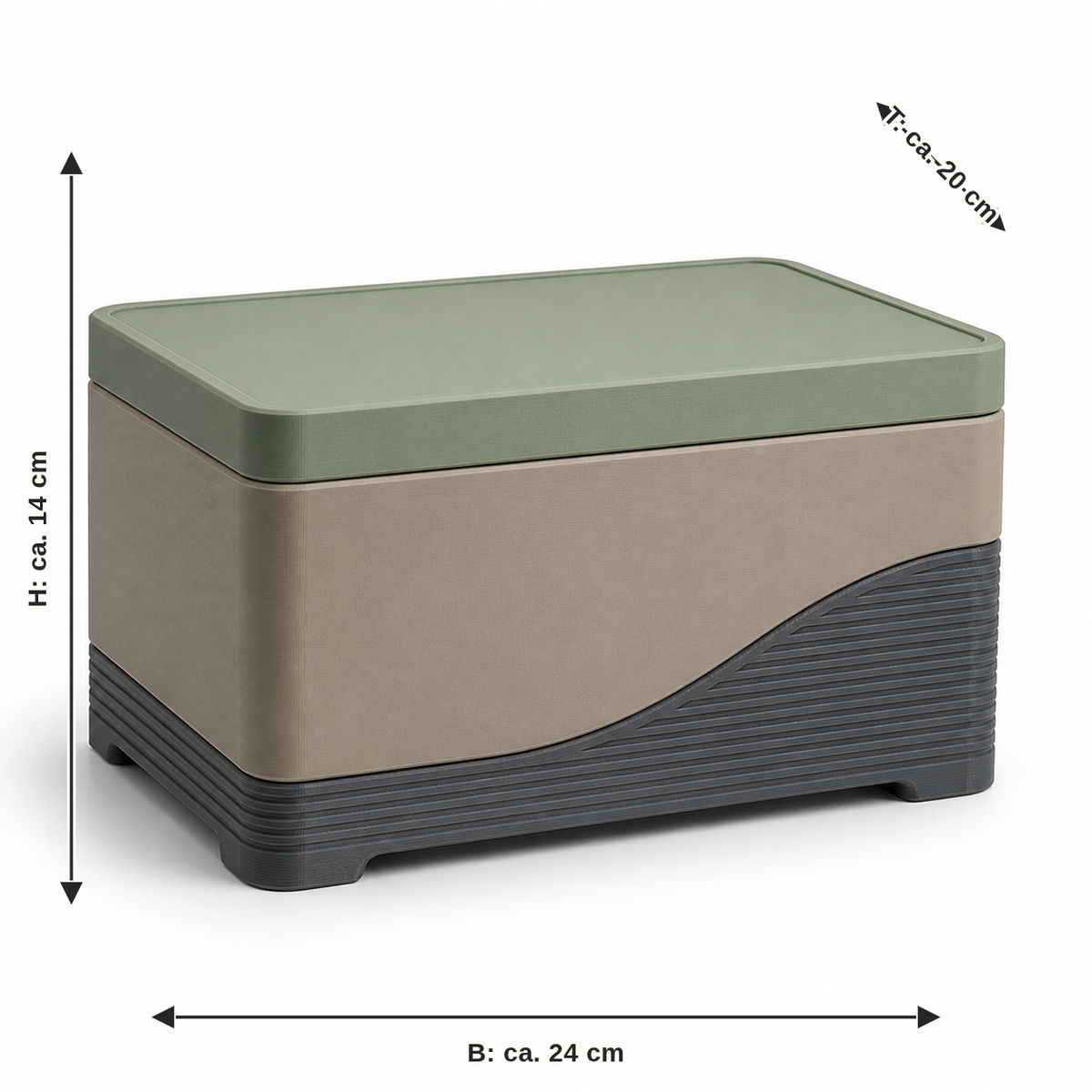 Dimensional image for lid box with curved diagonal field: width approx. 24 cm, depth approx. 20 cm, height approx. 14 cm