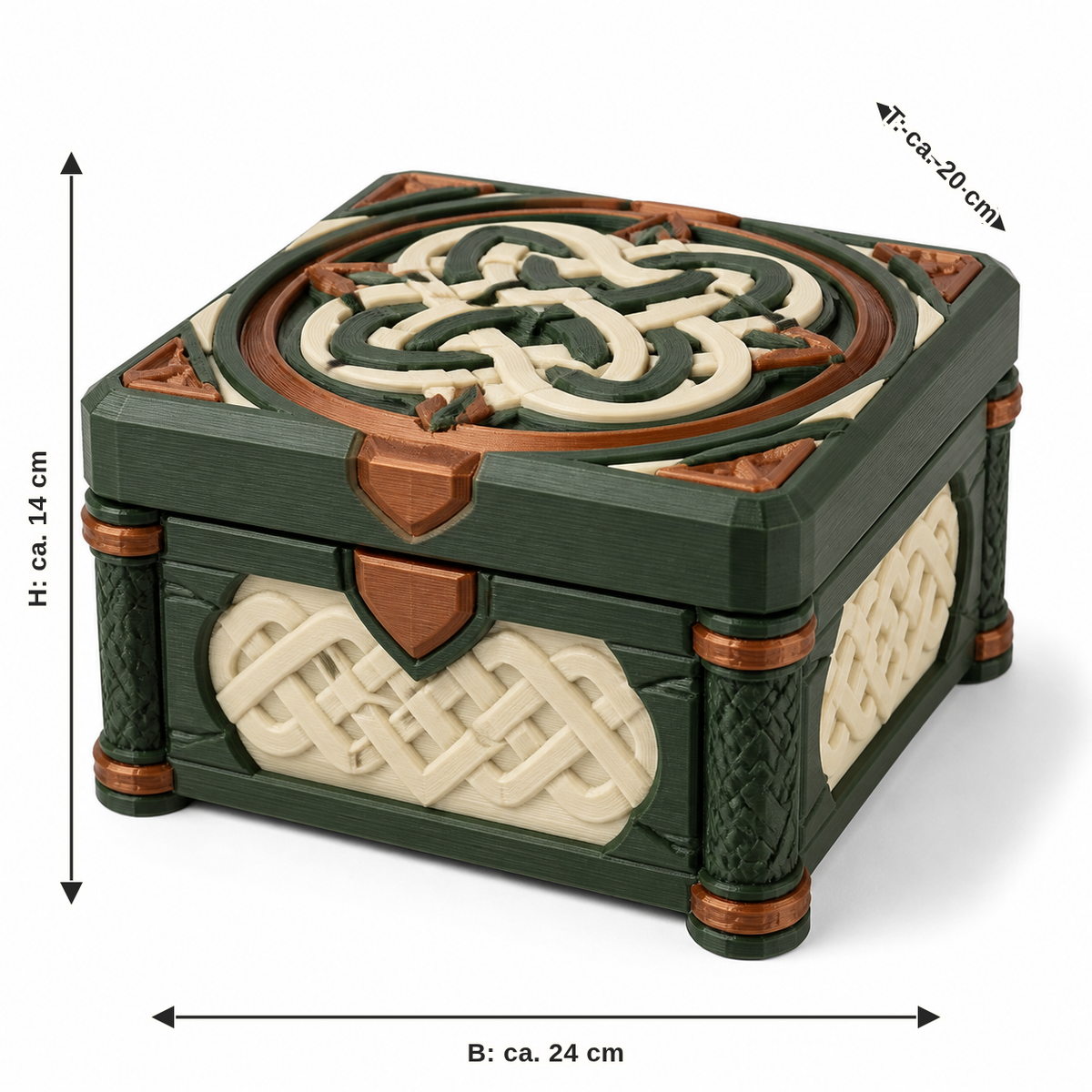 Dimensional image for lid box with round myth ornament: width approx. 24 cm, depth approx. 20 cm, height approx. 14 cm