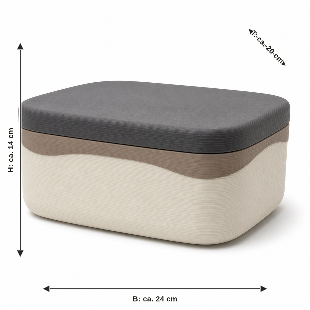 Maßbild für Deckelbox mit sanftem Wellenband: Breite ca. 24 cm, Tiefe ca. 20 cm, Höhe ca. 14 cm