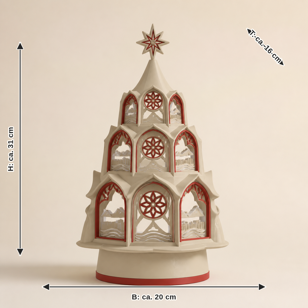 Maßbild für Deko-Baum Altstadtfenster – Salzburg: Breite ca. 20 cm, Tiefe ca. 16 cm, Höhe ca. 31 cm