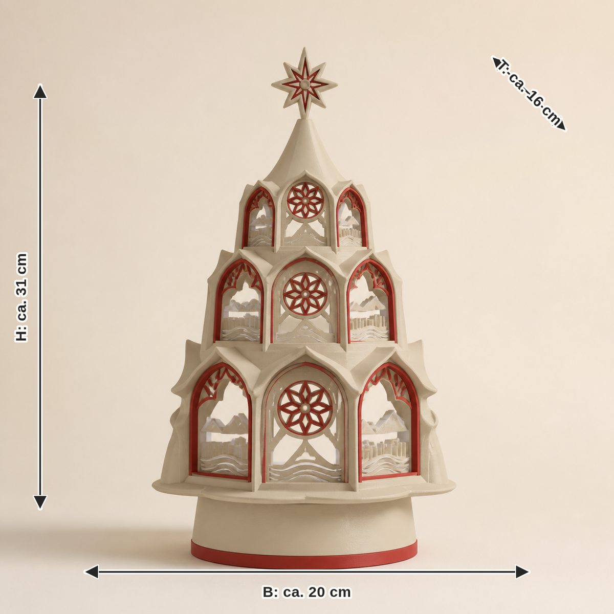 Maßbild für Deko-Baum Altstadtfenster – Salzburg: Breite ca. 20 cm, Tiefe ca. 16 cm, Höhe ca. 31 cm