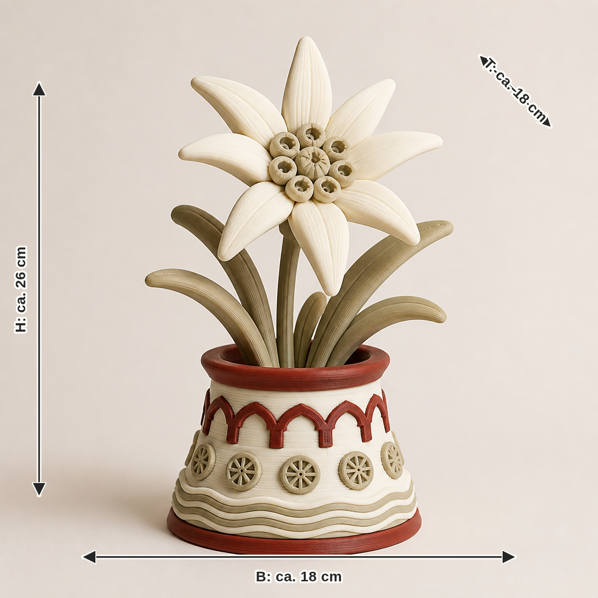Dimensional image for Deko-edelweiss Alpenform – Salzburg: width about 18 cm, depth about 18 cm, height about 26 cm