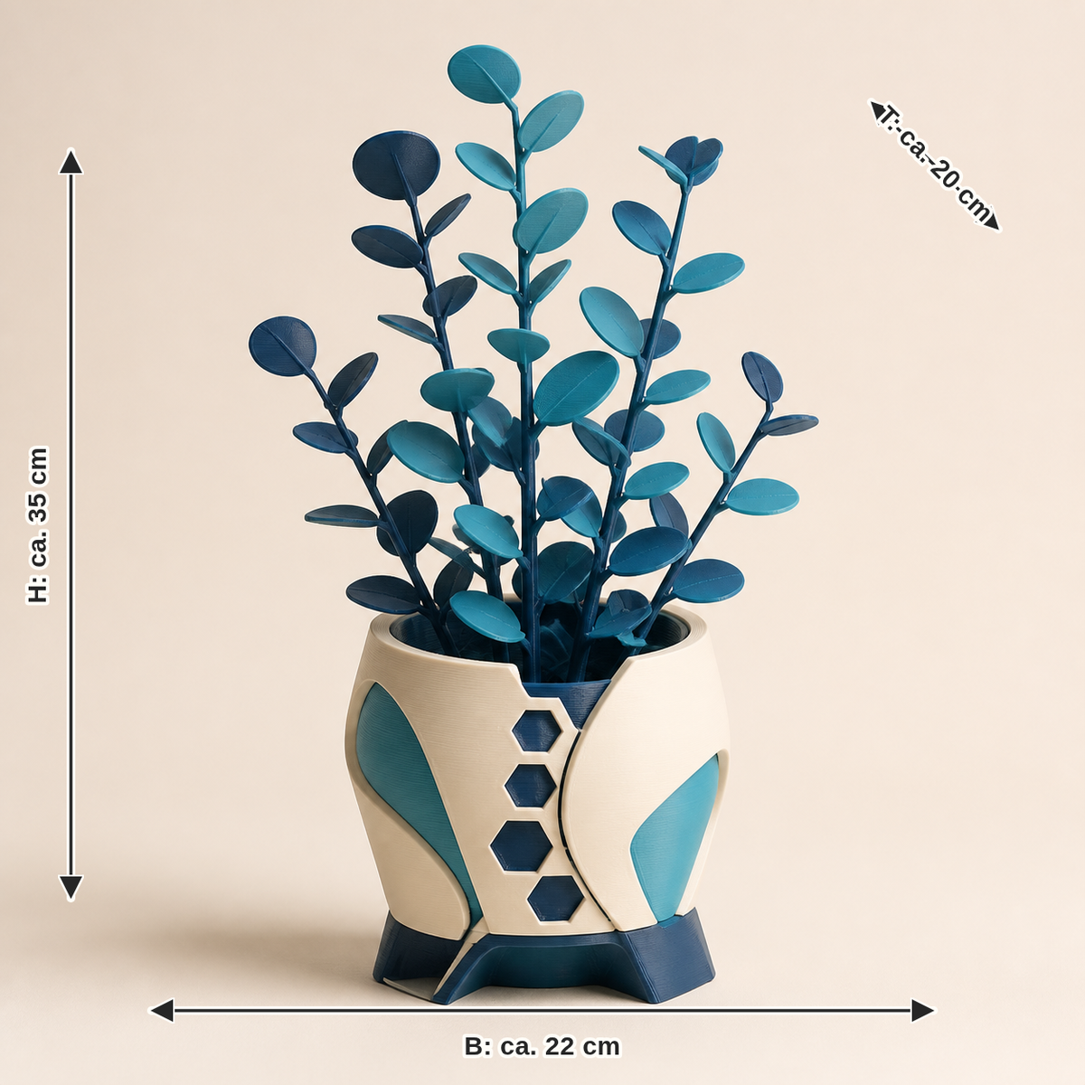 Measurement for decorative plant Eucalyptus – Futuristic: width approx. 22 cm, depth approx. 20 cm, height approx. 35 cm