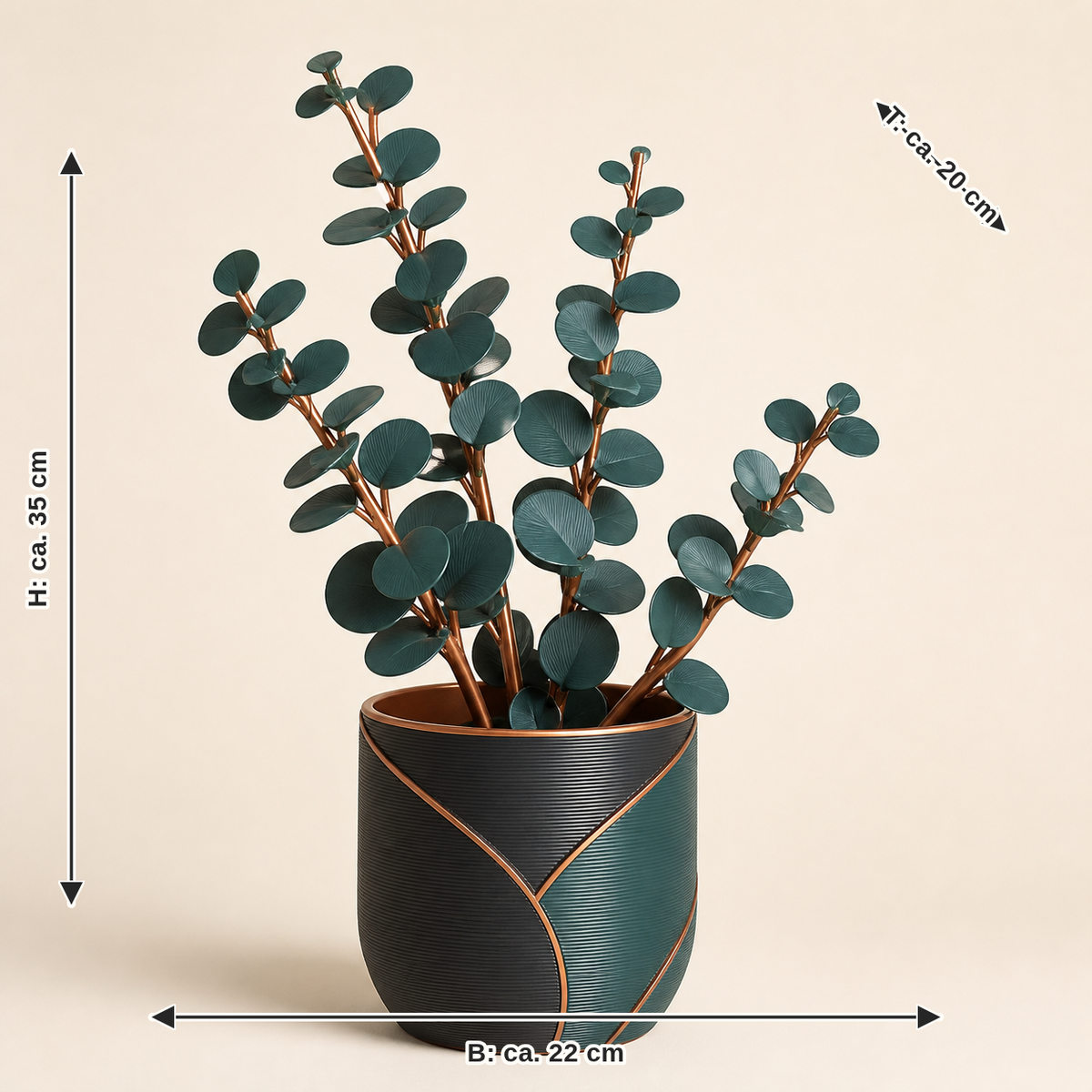 Measurement for decorative plant Eucalyptus – Modern: width approx. 22 cm, depth approx. 20 cm, height approx. 35 cm