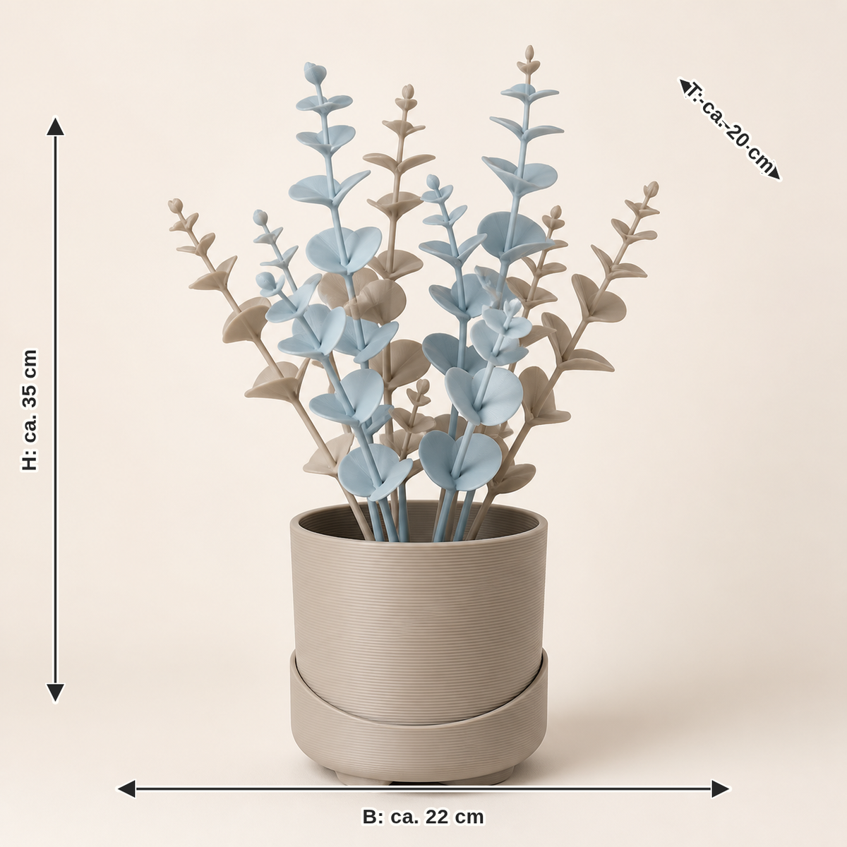 Measurement for decorative plant Eucalyptus – Serene: width approx. 22 cm, depth approx. 20 cm, height approx. 35 cm