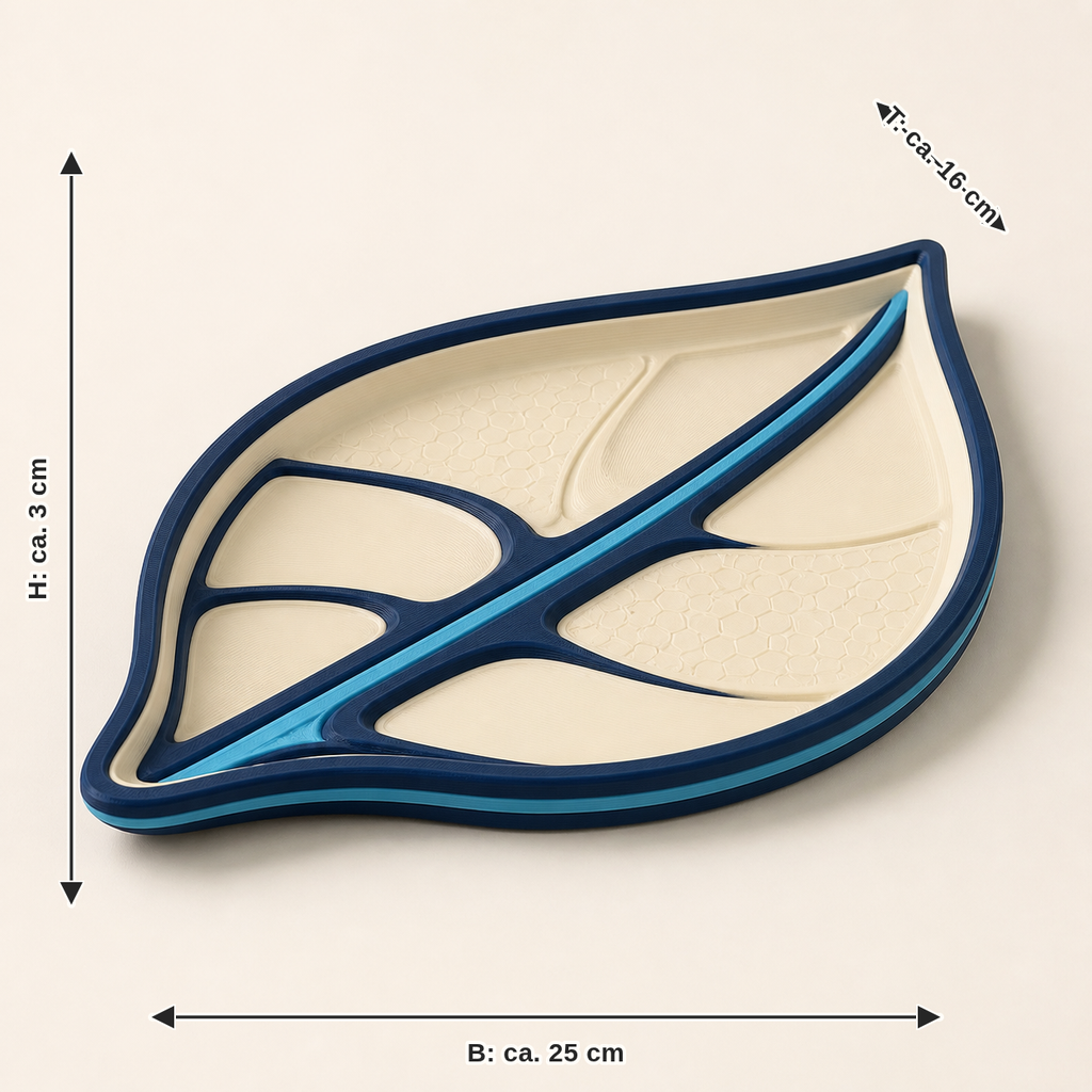 Maßbild für Deko-Schale Blattspur – Futuristisch: Breite ca. 25 cm, Tiefe ca. 16 cm, Höhe ca. 3 cm