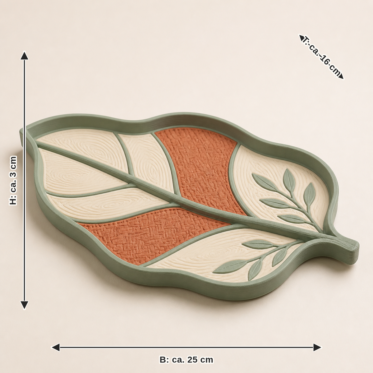 Maßbild für Deko-Schale Blattspur – Landhaus: Breite ca. 25 cm, Tiefe ca. 16 cm, Höhe ca. 3 cm