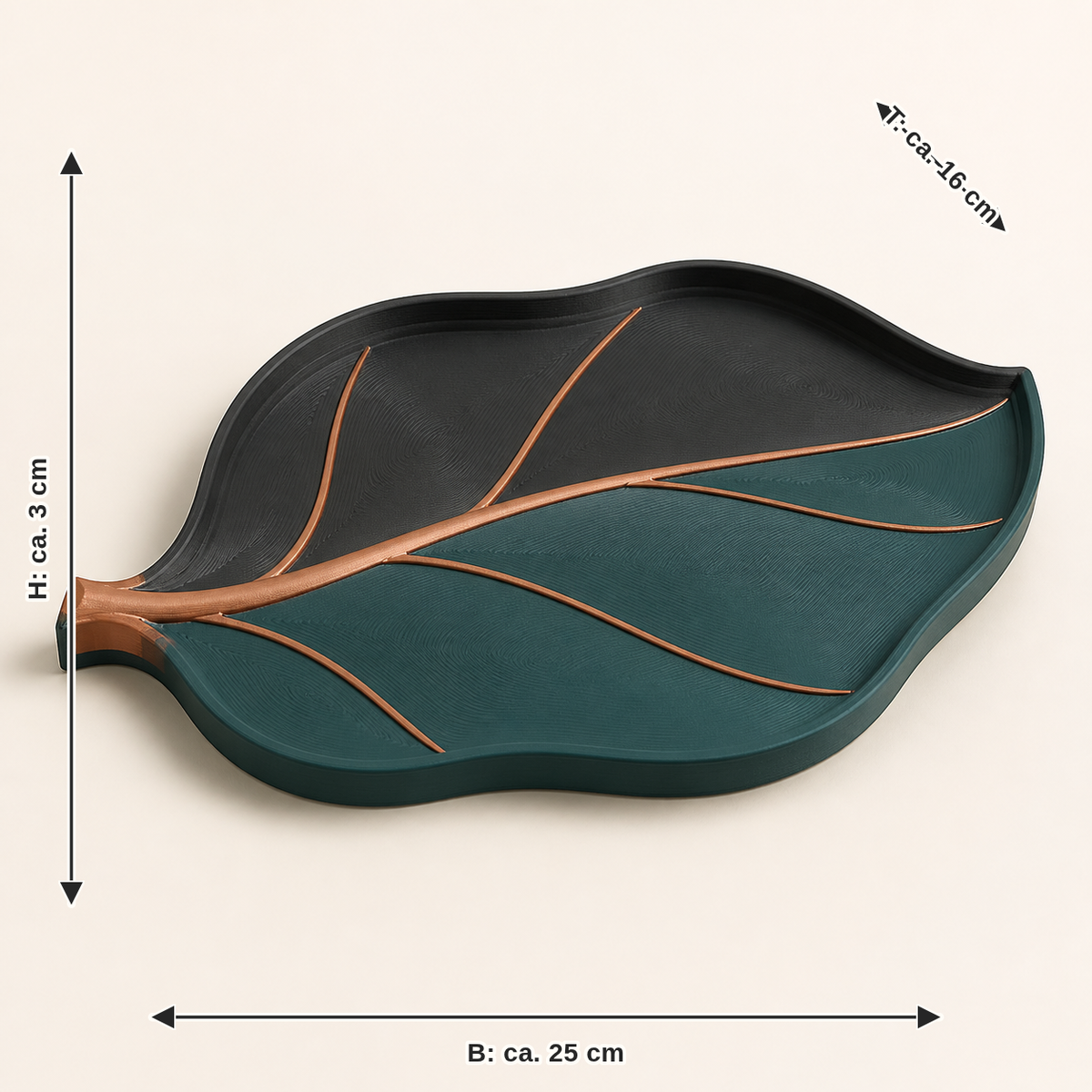 Maßbild für Deko-Schale Blattspur – Modern: Breite ca. 25 cm, Tiefe ca. 16 cm, Höhe ca. 3 cm
