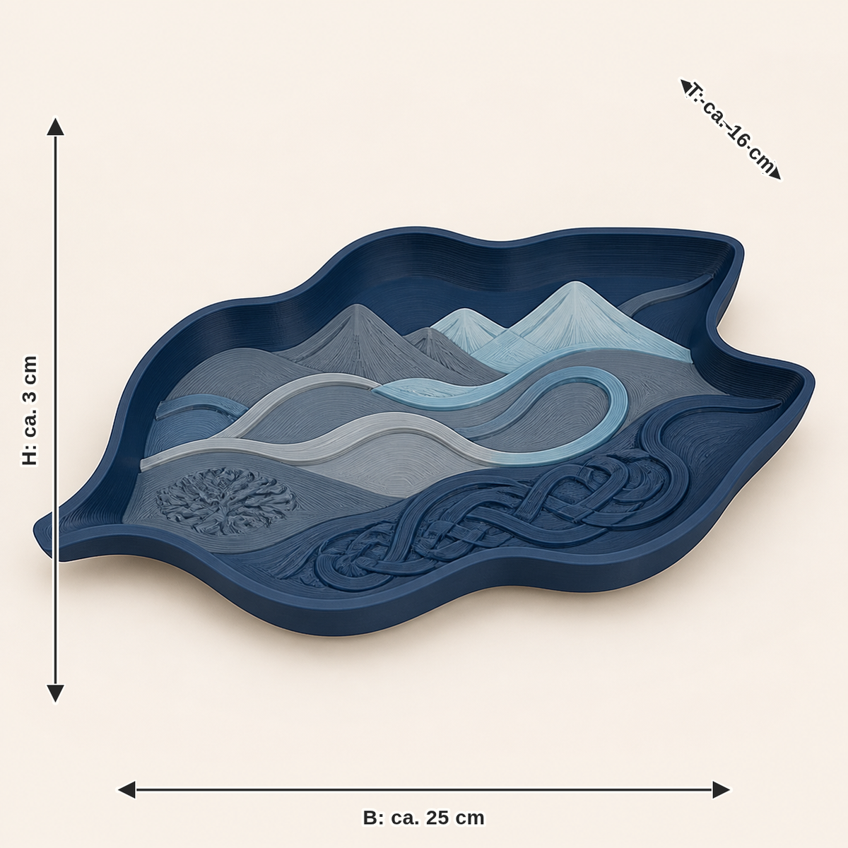 Maßbild für Deko-Schale Blattspur – Nordisch & Mythisch: Breite ca. 25 cm, Tiefe ca. 16 cm, Höhe ca. 3 cm
