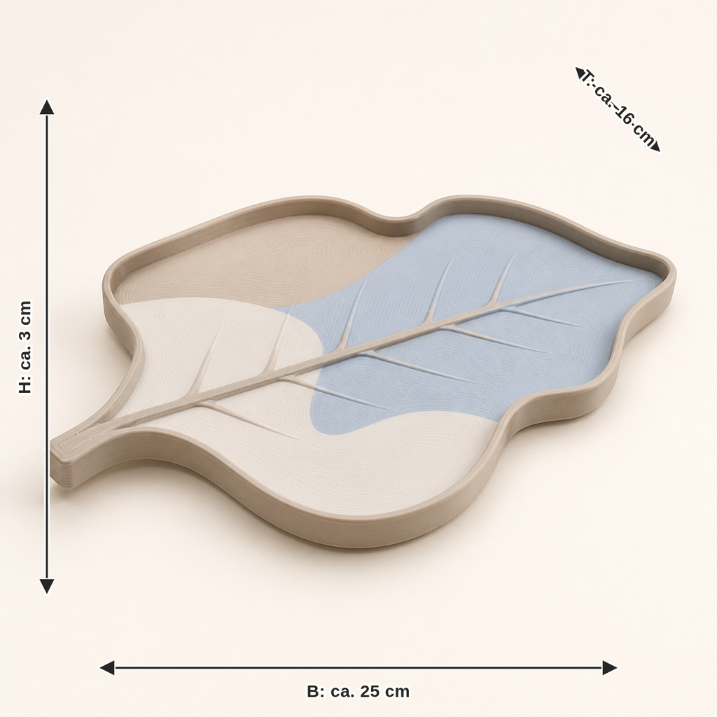 Maßbild für Deko-Schale Blattspur – Still: Breite ca. 25 cm, Tiefe ca. 16 cm, Höhe ca. 3 cm