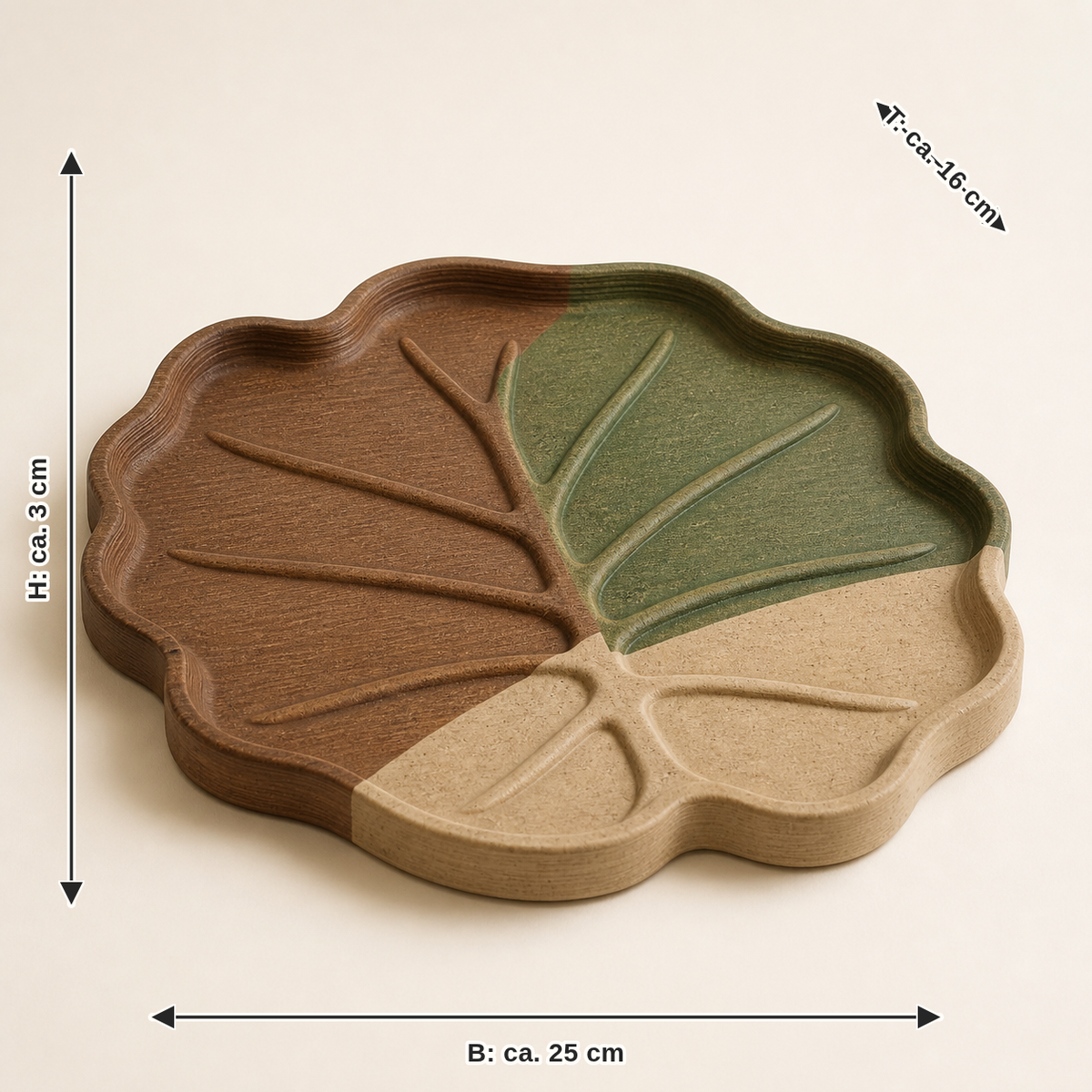 Maßbild für Deko-Schale Blattspur – Urig: Breite ca. 25 cm, Tiefe ca. 16 cm, Höhe ca. 3 cm