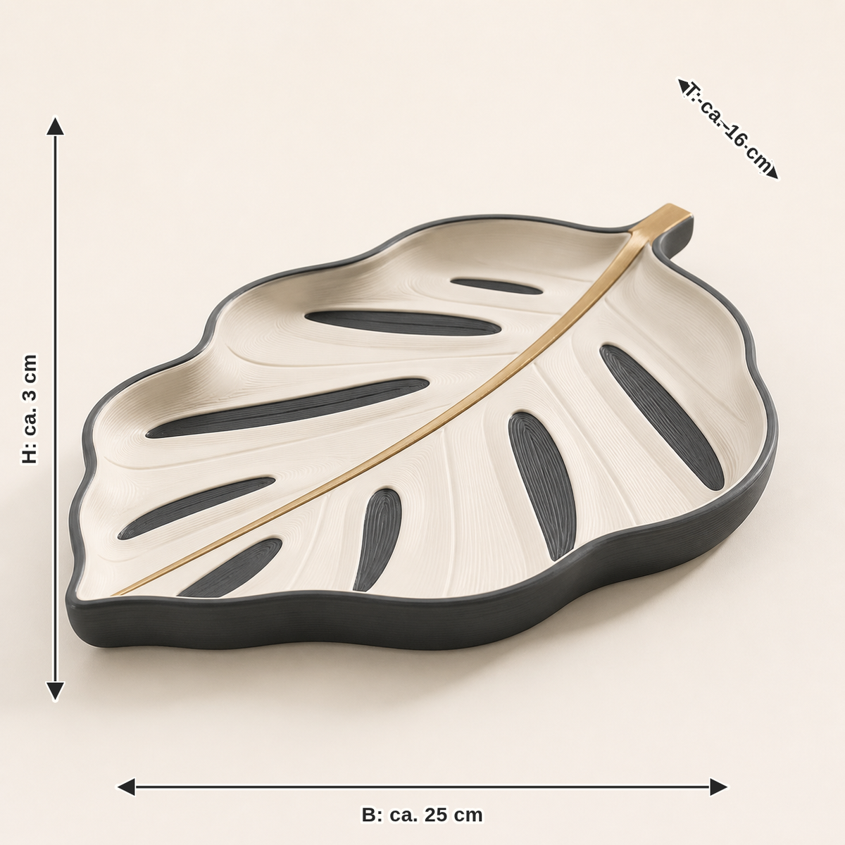 Maßbild für Deko-Schale Blattspur – Zeitlos: Breite ca. 25 cm, Tiefe ca. 16 cm, Höhe ca. 3 cm