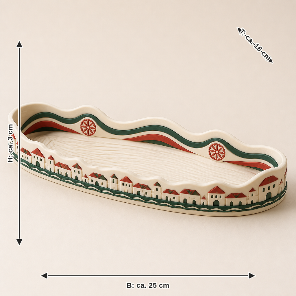 Maßbild für Deko-Schale Salzachwelle – Salzburg: Breite ca. 25 cm, Tiefe ca. 16 cm, Höhe ca. 3 cm