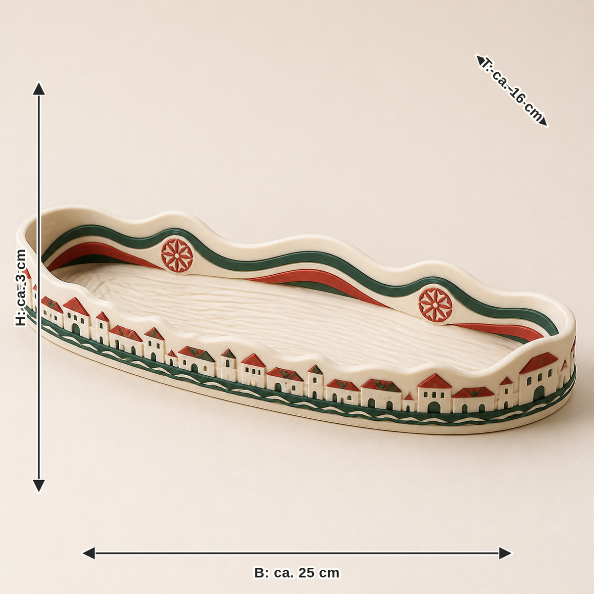 Maßbild für Deko-Schale Salzachwelle – Salzburg: Breite ca. 25 cm, Tiefe ca. 16 cm, Höhe ca. 3 cm