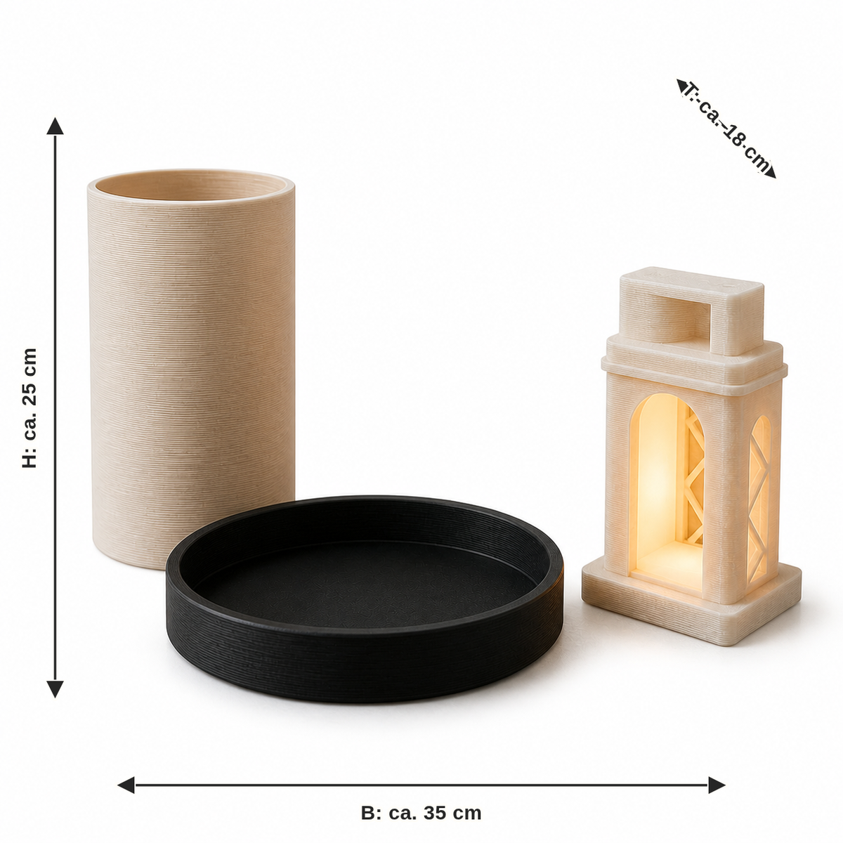 Maßbild für Deko-Stil-Set Minimalistisch: Breite ca. 35 cm, Tiefe ca. 18 cm, Höhe ca. 25 cm