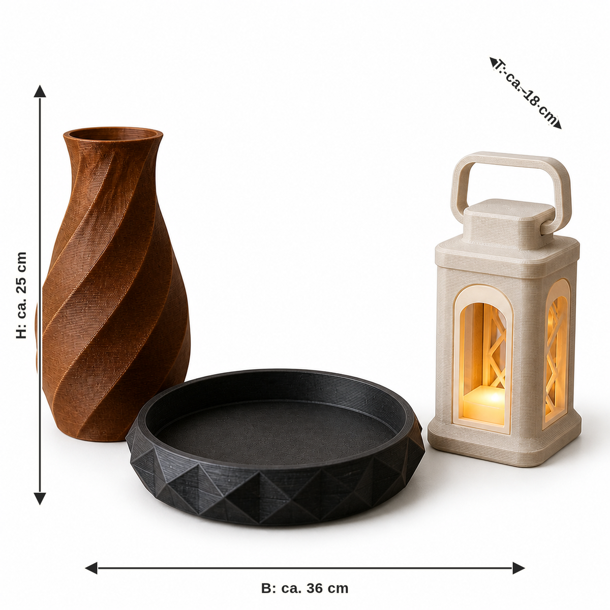 Maßbild für Deko-Stil-Set Urig: Breite ca. 36 cm, Tiefe ca. 18 cm, Höhe ca. 25 cm