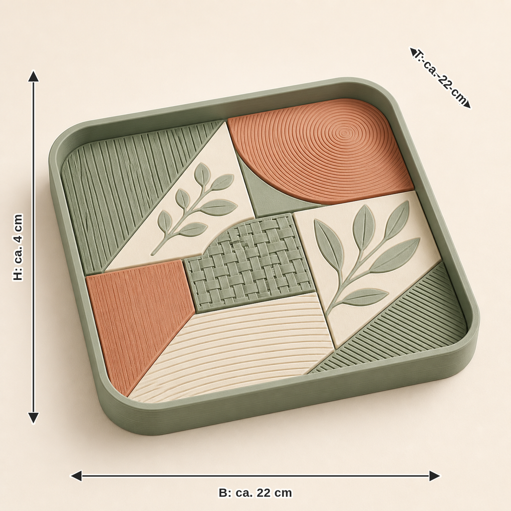 Maßbild für Deko-Tablett Mosaik – Landhaus: Breite ca. 22 cm, Tiefe ca. 22 cm, Höhe ca. 4 cm