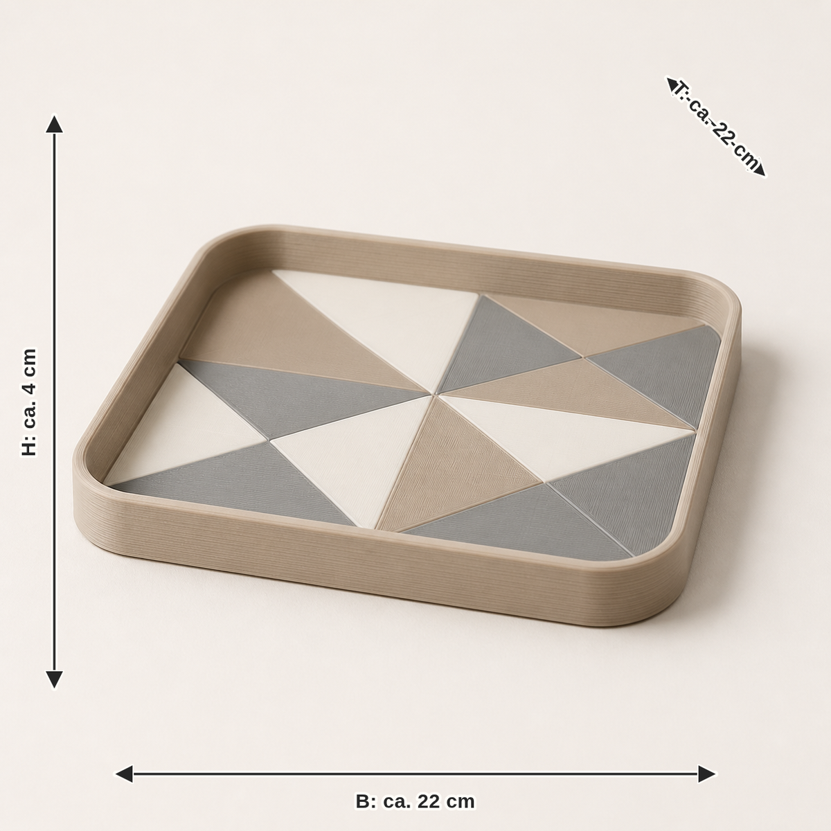 Maßbild für Deko-Tablett Mosaik – Minimalistisch: Breite ca. 22 cm, Tiefe ca. 22 cm, Höhe ca. 4 cm