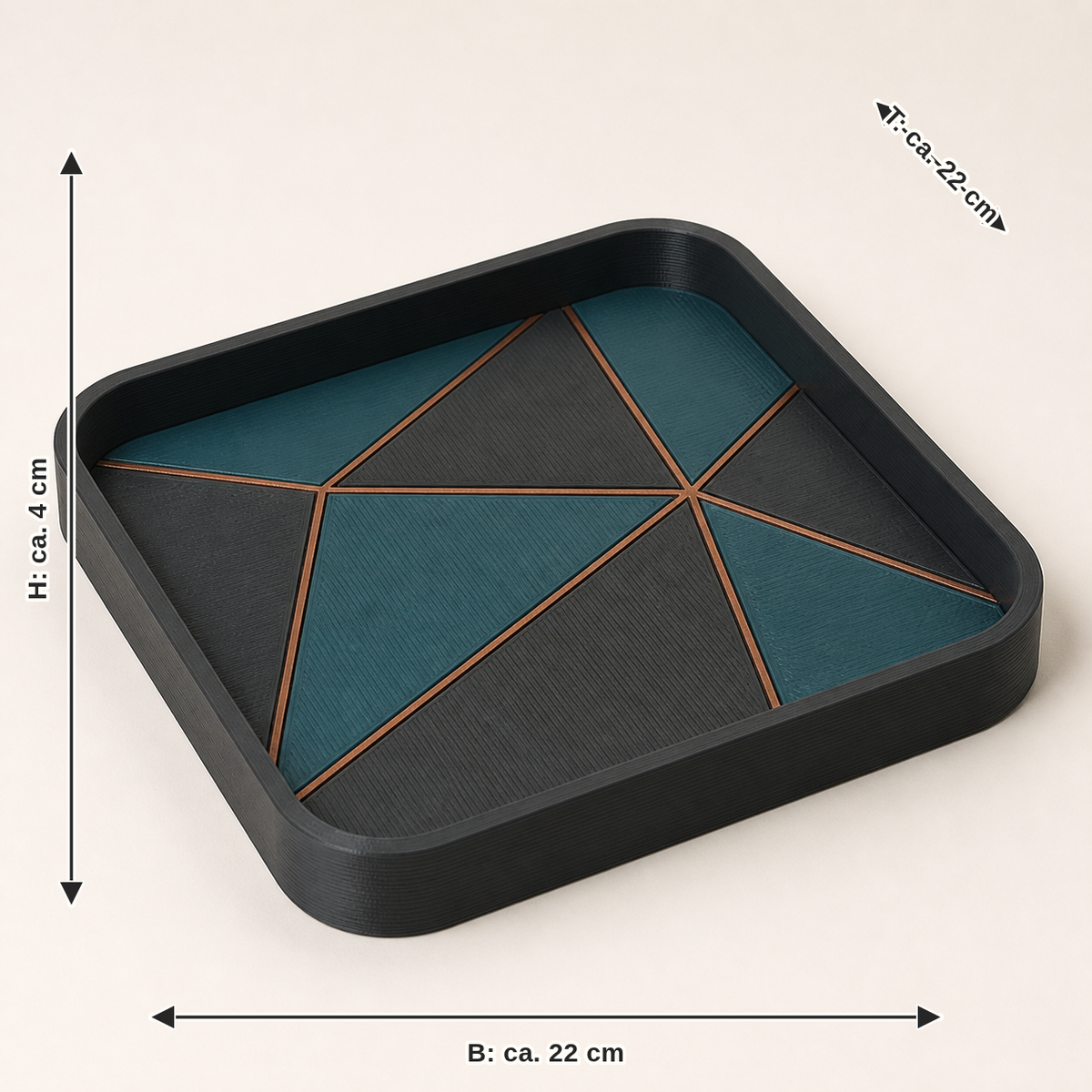 Maßbild für Deko-Tablett Mosaik – Modern: Breite ca. 22 cm, Tiefe ca. 22 cm, Höhe ca. 4 cm