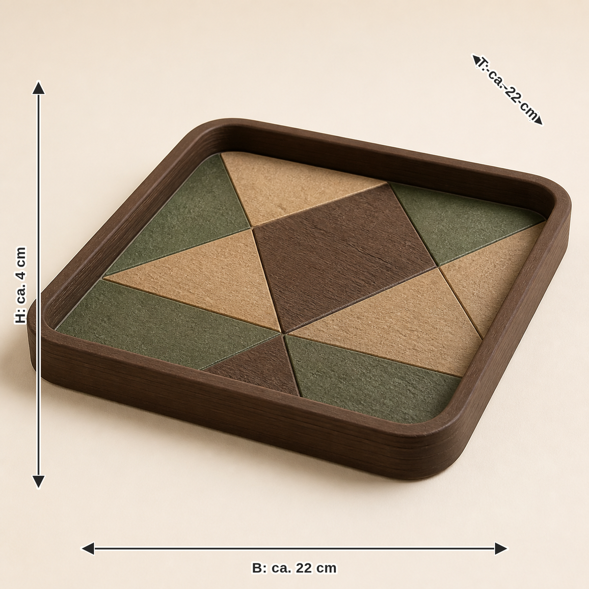 Maßbild für Deko-Tablett Mosaik – Urig: Breite ca. 22 cm, Tiefe ca. 22 cm, Höhe ca. 4 cm