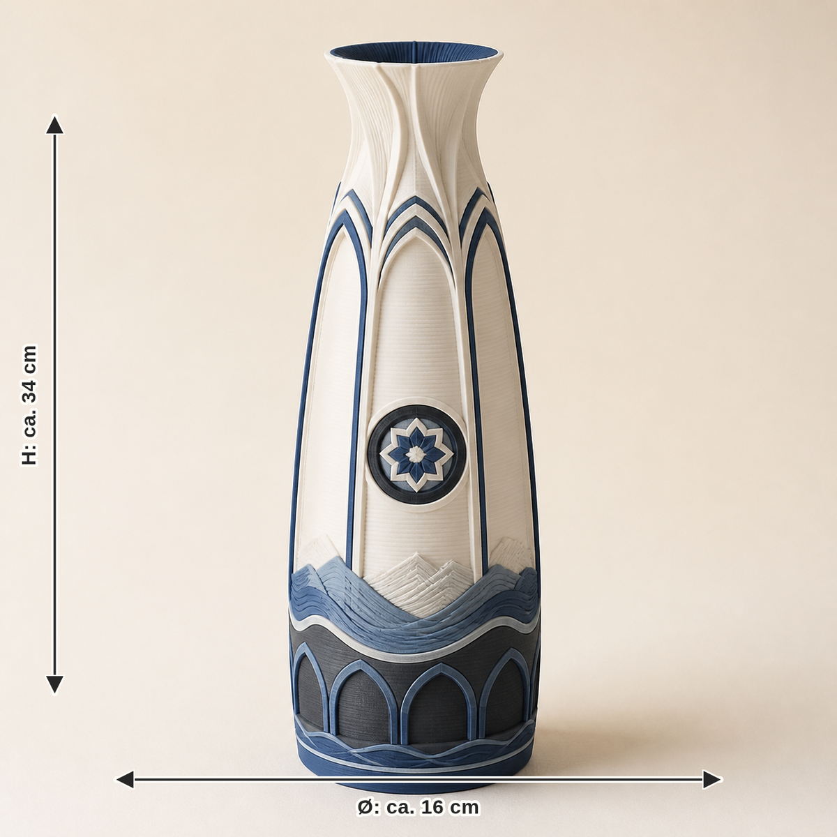 Maßbild für Deko-Vase Barockrosette – Salzburg: Durchmesser ca. 16 cm, Höhe ca. 34 cm