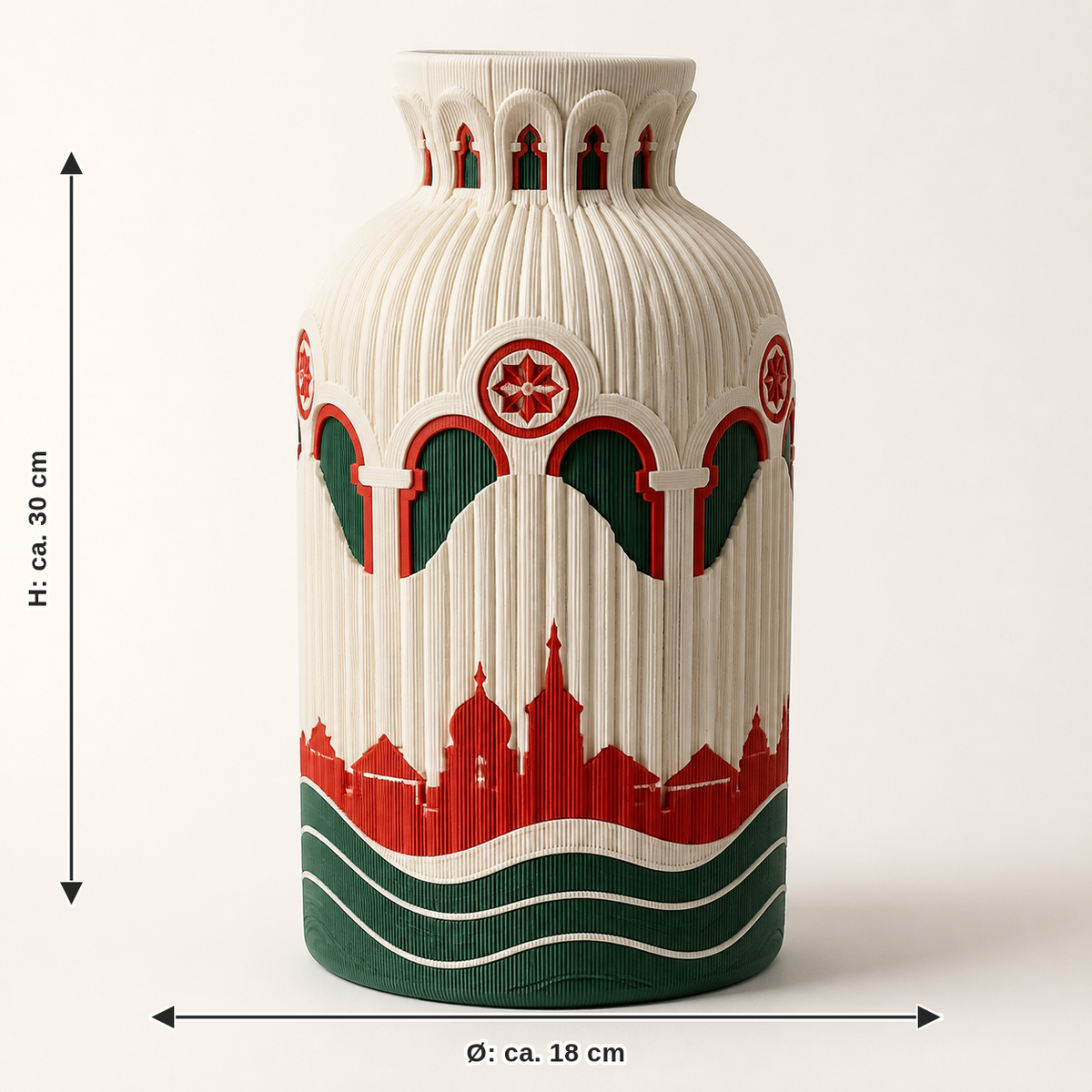 Maßbild für Deko-Vase Festungsrippen – Salzburg: Durchmesser ca. 18 cm, Höhe ca. 30 cm