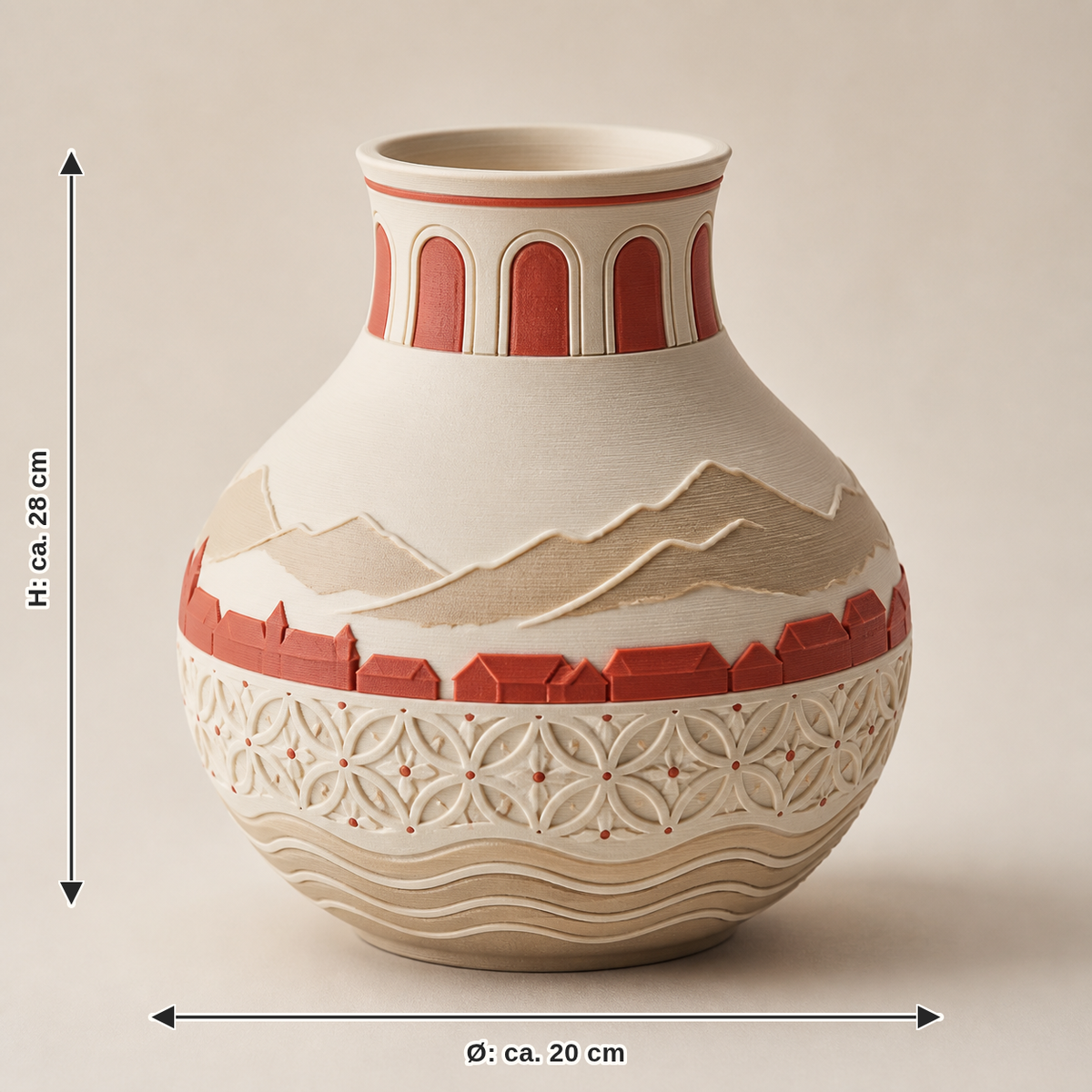 Maßbild für Deko-Vase Mirabellbogen – Salzburg: Durchmesser ca. 20 cm, Höhe ca. 28 cm