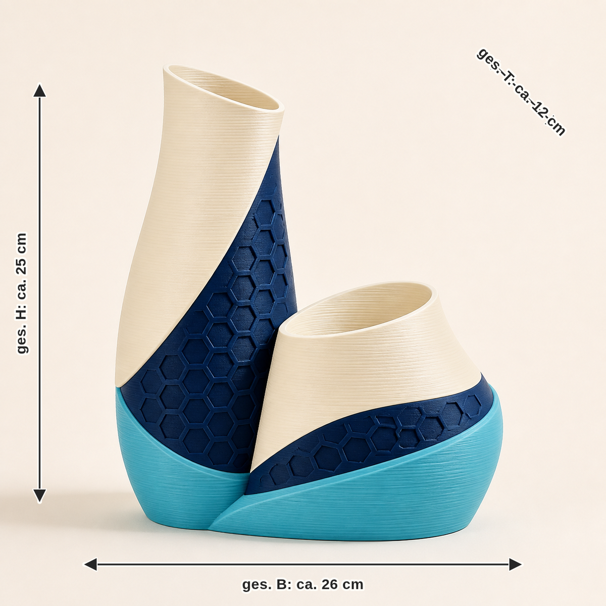 Maßbild für Deko-Vasenpaar Wellenform – Futuristisch: zusammen Breite ca. 26 cm, Tiefe ca. 12 cm, Höhe ca. 25 cm