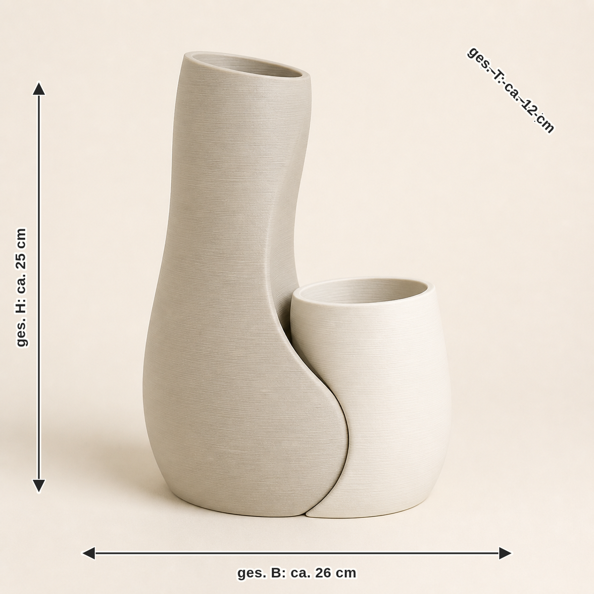 Maßbild für Deko-Vasenpaar Wellenform – Minimalistisch: zusammen Breite ca. 26 cm, Tiefe ca. 12 cm, Höhe ca. 25 cm