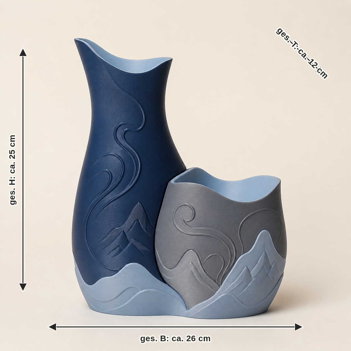 Dimensional image for pair of decorative vases waveform – Nordic & Mythical: together width approx. 26 cm, depth approx. 12 cm, height approx. 25 cm