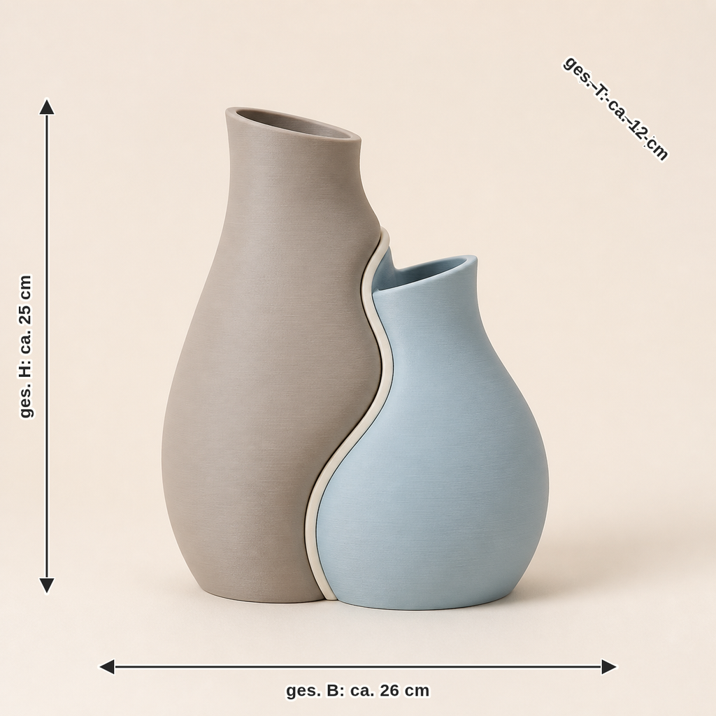 Maßbild für Deko-Vasenpaar Wellenform – Still: zusammen Breite ca. 26 cm, Tiefe ca. 12 cm, Höhe ca. 25 cm