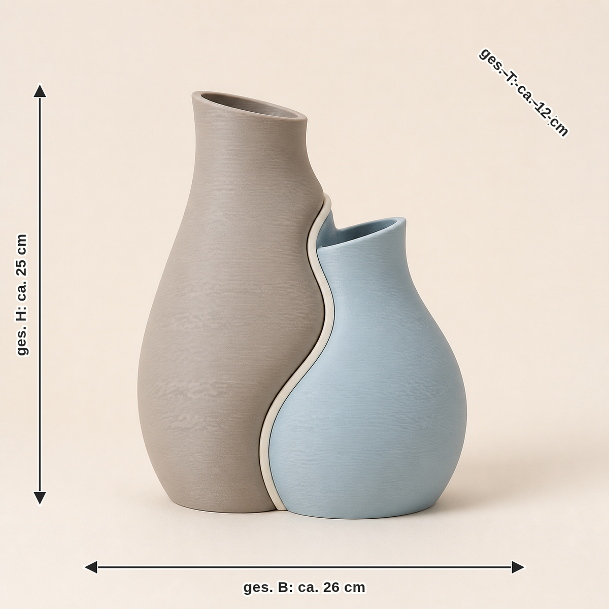 Maßbild für Deko-Vasenpaar Wellenform – Still: zusammen Breite ca. 26 cm, Tiefe ca. 12 cm, Höhe ca. 25 cm