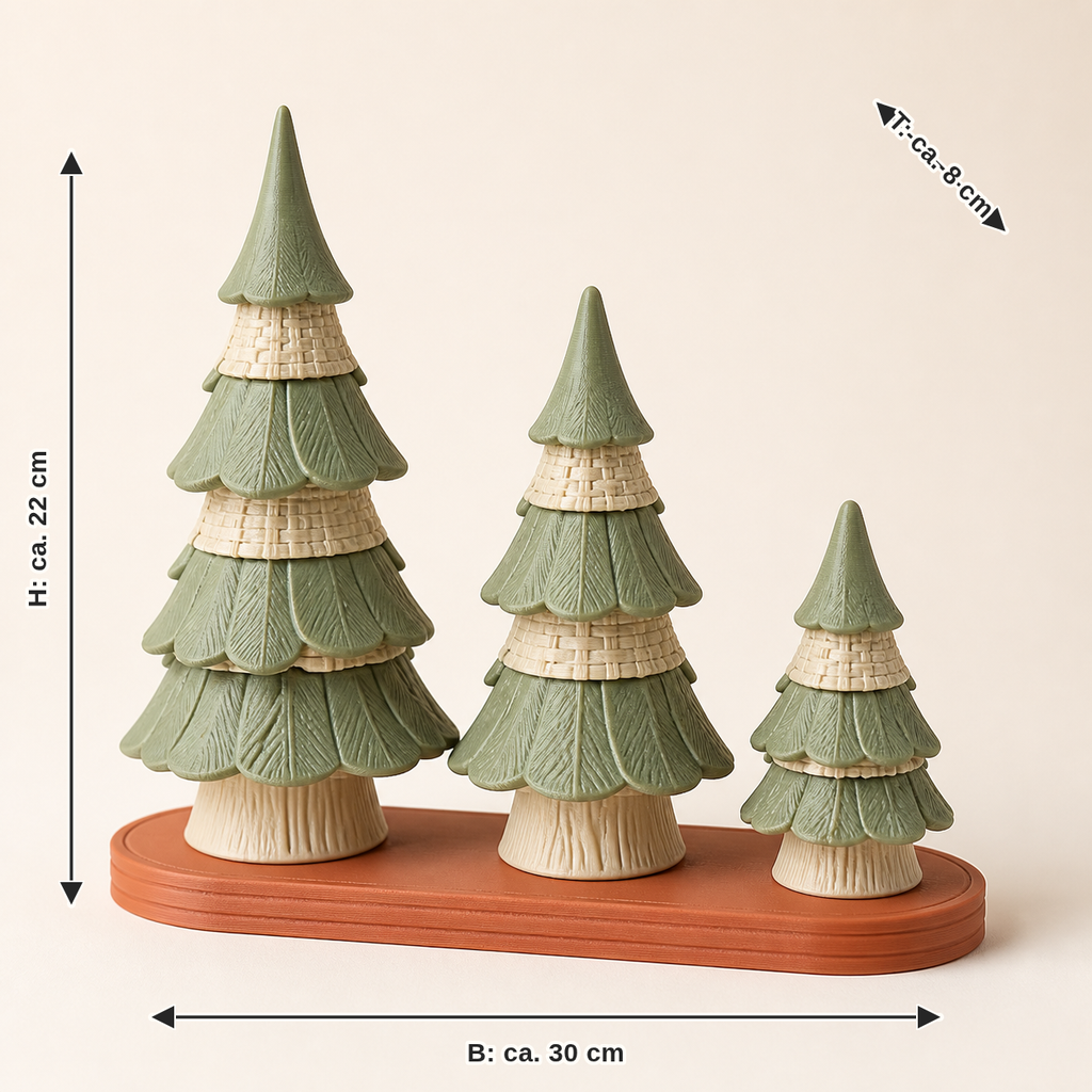 Maßbild für Deko-Wald Tannen-Trio – Landhaus: Breite ca. 30 cm, Tiefe ca. 8 cm, Höhe ca. 22 cm