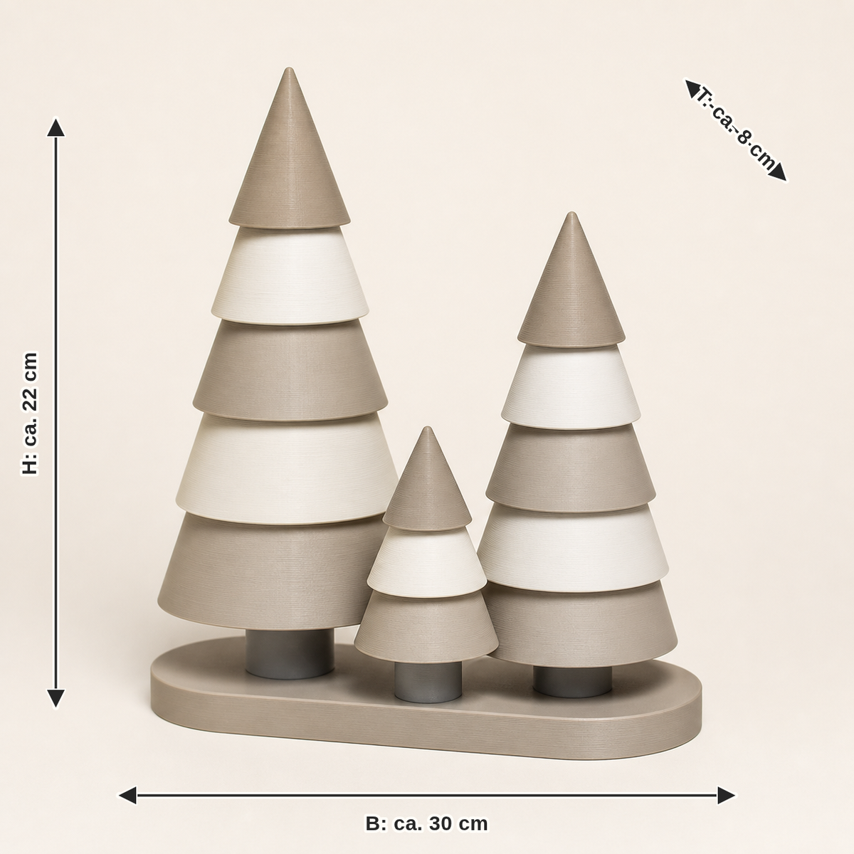 Maßbild für Deko-Wald Tannen-Trio – Minimalistisch: Breite ca. 30 cm, Tiefe ca. 8 cm, Höhe ca. 22 cm